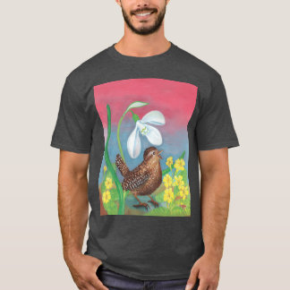 White Snowdrop Wren Bird in Spring Illustration fu T-Shirt