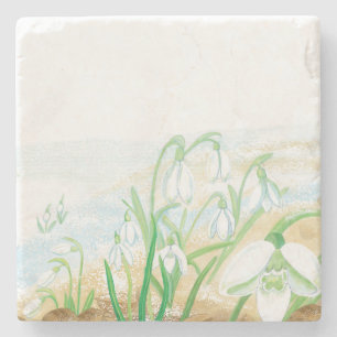 White Snowdrops, Galanthus nivalis Illustration  Stone Coaster