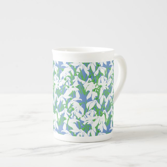 White Snowdrops on Powder Blue Floral Pattern Bone China Mug (Front Right)