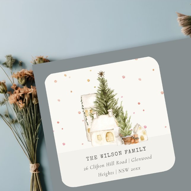 White Snowfall Tree Houses Christmas Address Square Sticker (Creator Uploaded)