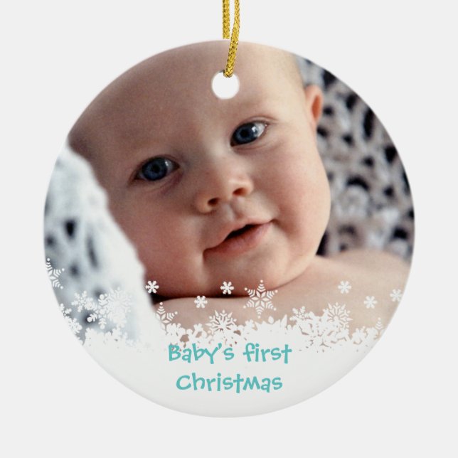 White snowflake blue gingerbread kid custom photo ceramic tree decoration (Front)