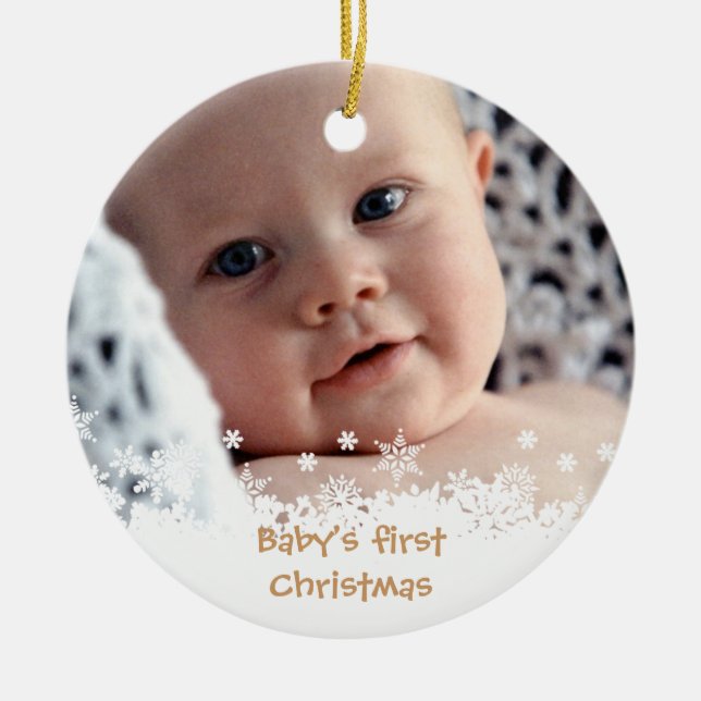 White snowflake brown gingerbread kid custom photo ceramic tree decoration (Front)