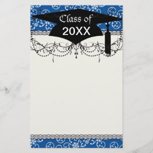 white snowflake damask on winter blue graduation stationery