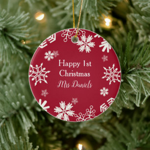 White Snowflake  Just Married First Christmas  Chr Ceramic Tree Decoration