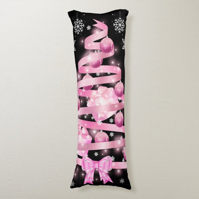 White Snowflake Light Pink Ribbon Christmas Tree   Body Cushion (Front Vertical)