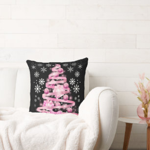 White Snowflake Light Pink Ribbon Christmas Tree   Cushion