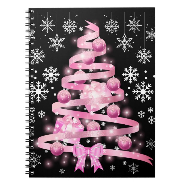 White Snowflake Light Pink Ribbon Christmas Tree   Notebook (Front)
