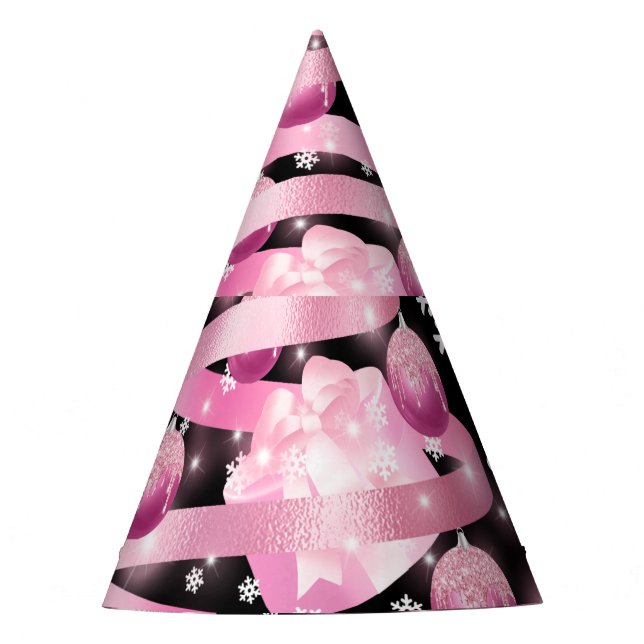 White Snowflake Light Pink Ribbon Christmas Tree   Party Hat (Front)