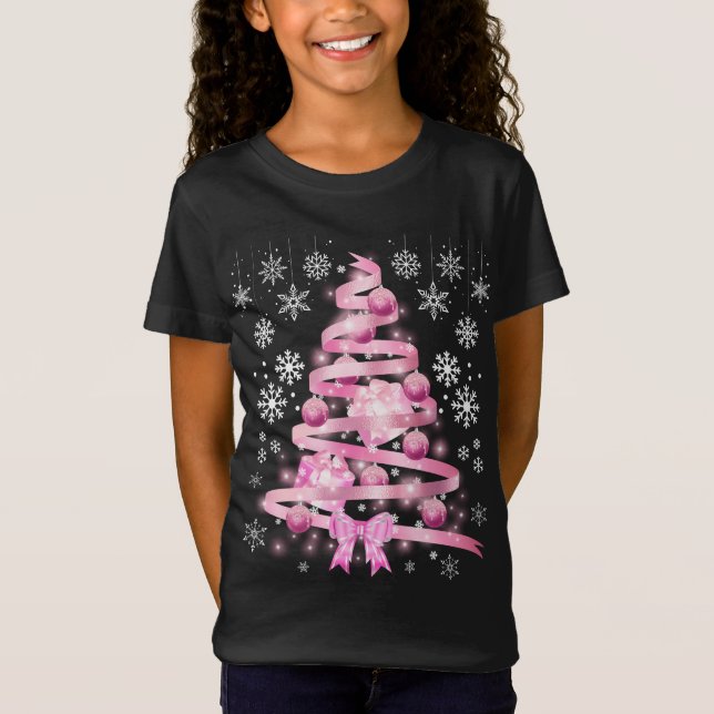White Snowflake Light Pink Ribbon Christmas Tree   T-Shirt (Front)
