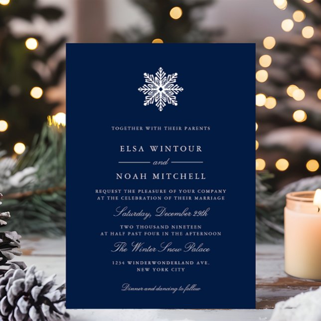 White Snowflake Navy Blue Winter Formal Wedding  Invitation (Creator Uploaded)