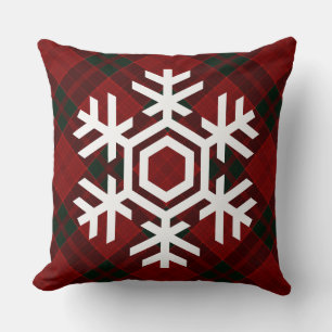 White Snowflake on a Christmas Red Tartan Pattern Cushion