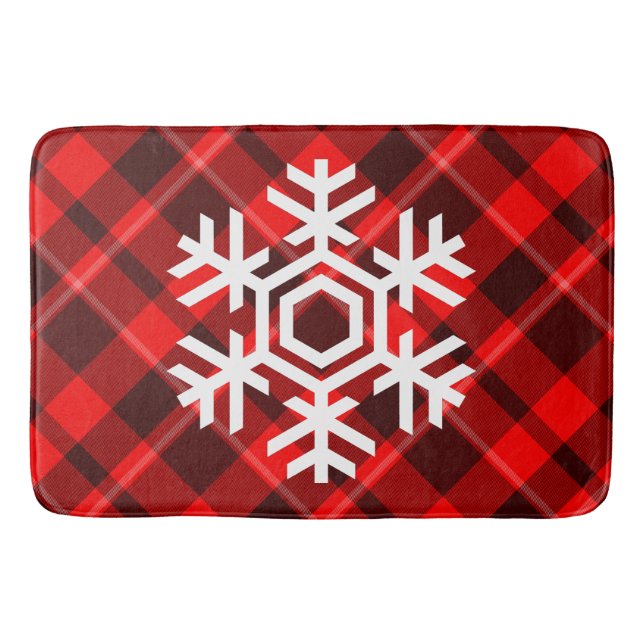 White Snowflake on a classic red tartan pattern Bath Mat (Front)