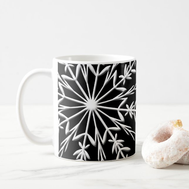 White Snowflake on Black Happy Holidays Coffee Mug (With Donut)