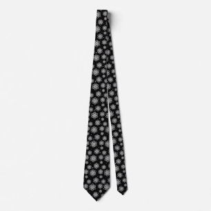 White  Snowflake on black with fish scales pattern Tie
