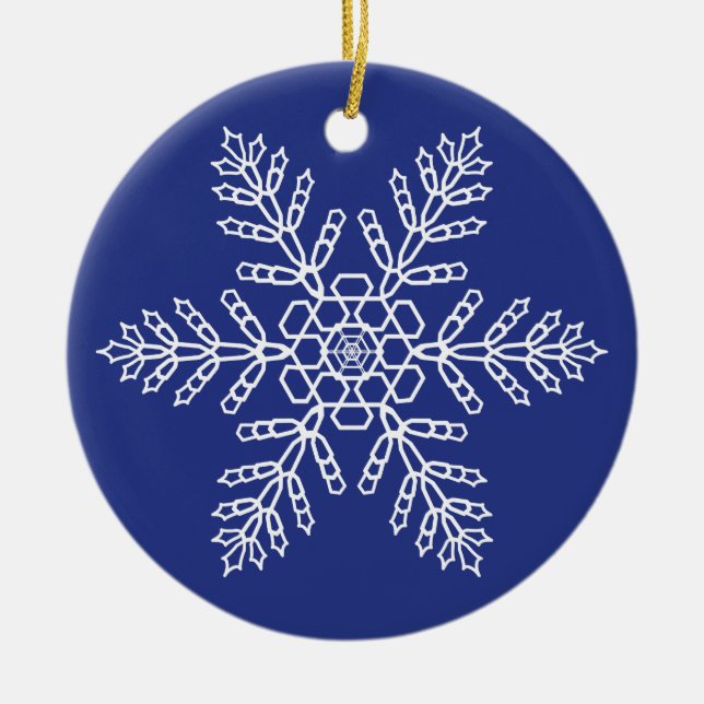 White Snowflake on Blue Background Ceramic Tree Decoration (Front)