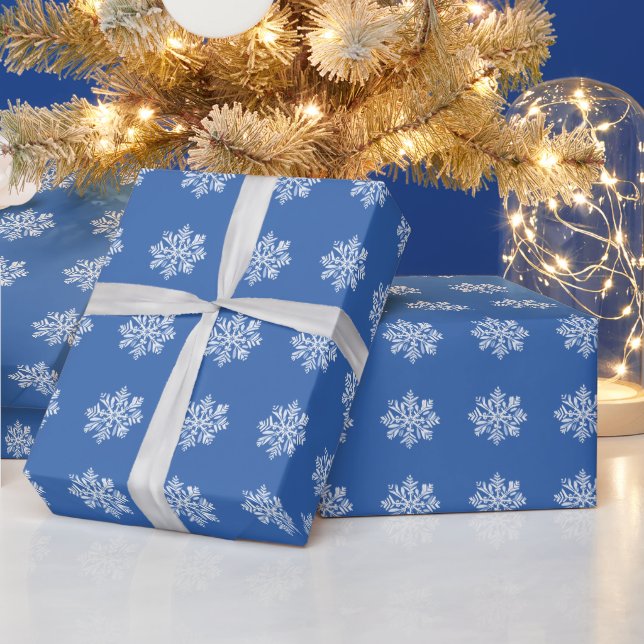 White Snowflake on Blue Christmas Holiday Pattern Wrapping Paper (Holidays)