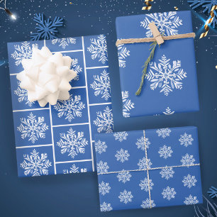White Snowflake on Blue Christmas Holiday Pattern Wrapping Paper Sheet