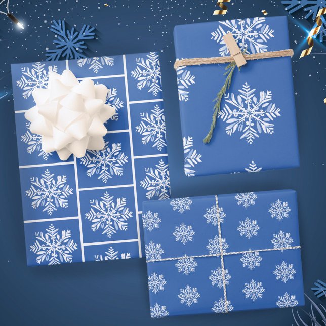 White Snowflake on Blue Christmas Holiday Pattern Wrapping Paper Sheet (Creator Uploaded)