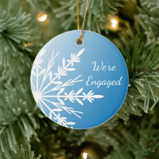 White Snowflake on Blue Engagement Ceramic Tree Decoration
