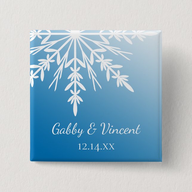White Snowflake on Blue Winter Wedding 15 Cm Square Badge (Front)
