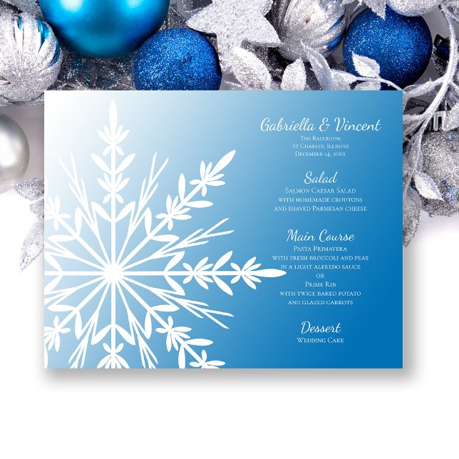 White Snowflake on Blue Winter Wedding Menu (Creator Uploaded)