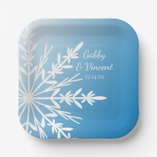 White Snowflake on Blue Winter Wedding Paper Plate