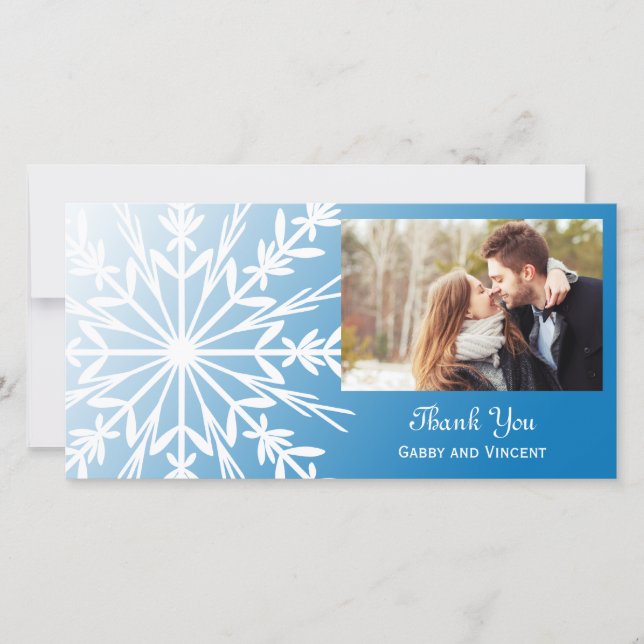 White Snowflake on Blue Winter Wedding Thank You (Front)