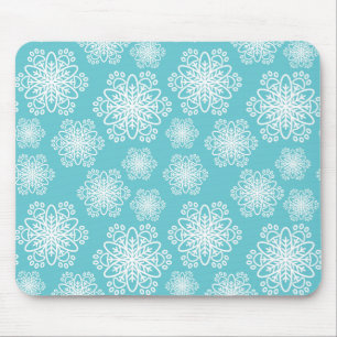 White Snowflake on blue with paw print pattern Mouse Pad