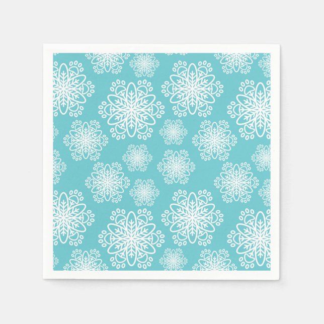 White  Snowflake on blue with paw print pattern Napkin (Front)