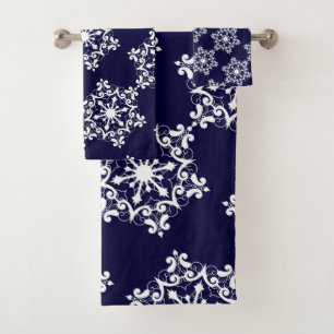 White Snowflake On Dark Blue Bath Towel Set