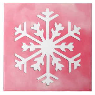 White snowflake on Pink Watercolor Background Tile