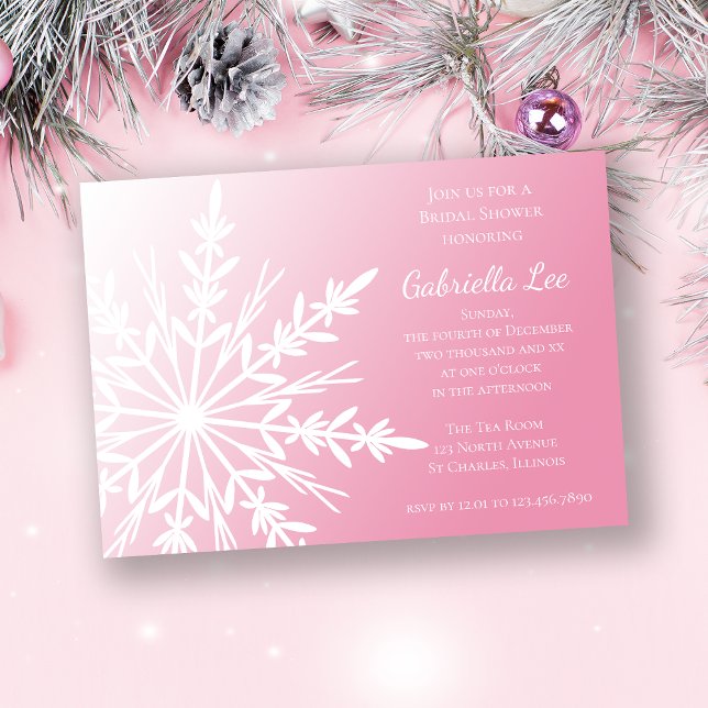 White Snowflake on Pink Winter Bridal Shower Invitation (Creator Uploaded)
