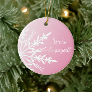 White Snowflake on Pink Winter Engagement Ceramic Tree Decoration