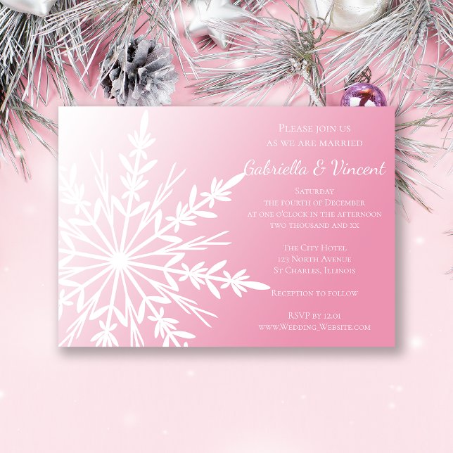 White Snowflake on Pink Winter Wedding Invitation (Creator Uploaded)