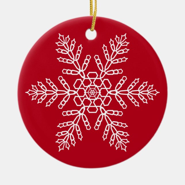 White Snowflake on Red Background Ceramic Tree Decoration (Front)
