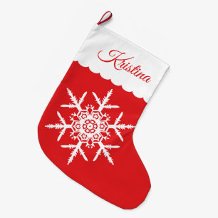 White Snowflake on Red Monogrammed Large Christmas Stocking