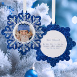 White Snowflake on Sparkly Blue Faux Glitter Photo Tree Decoration Card<br><div class="desc">Magical lacy white snowflake with round photo template and white border with customisable text on a sparkly faux blue glitter background. Back features matching background with blank round element and editable text field.</div>