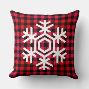 White Snowflake on warm red tartan pattern  Cushion