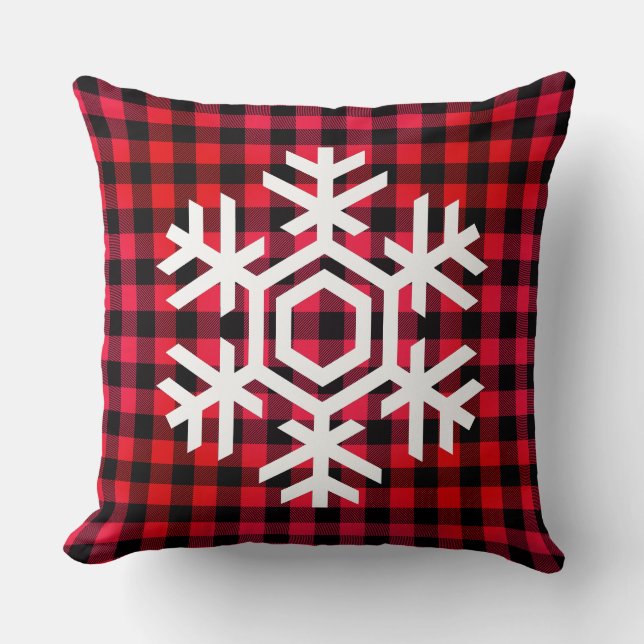 White Snowflake on warm red tartan pattern  Cushion (Front)