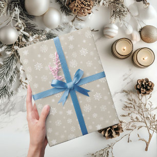 White Snowflake Pattern Christmas Holiday on Beige Wrapping Paper