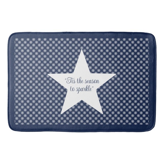 White Snowflake Pattern on a Midnight Blue Sky Bath Mat (Front)