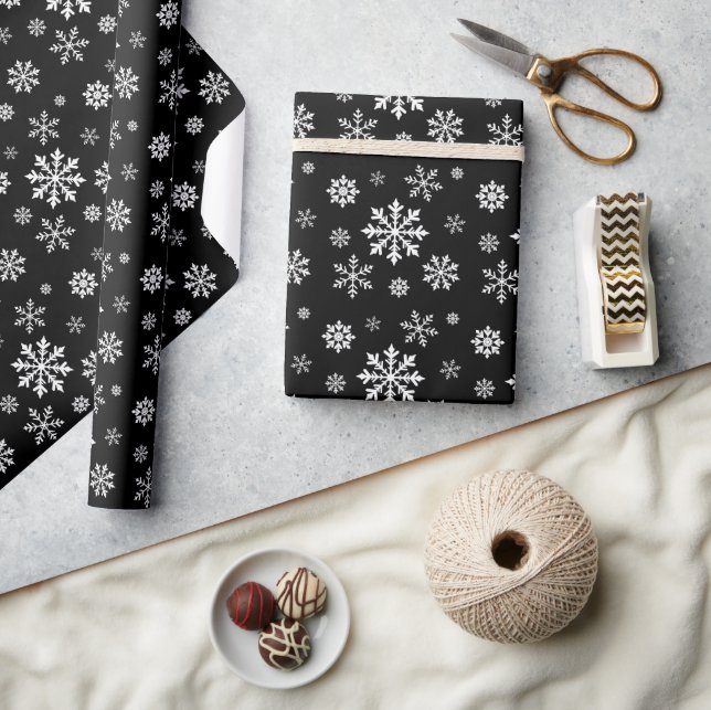 White Snowflake Pattern On Black Modern Stylish Wrapping Paper (Crafts)