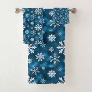White Snowflake Pattern On Blue Winter Bath Towel Set
