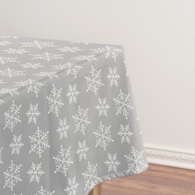 White Snowflake Pattern on Light Silver Grey Tablecloth (In Situ)