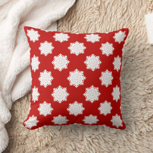 White Snowflake Pattern Red Cushion