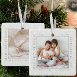 White Snowflake Photo Frame and Baby Birth Stats Ceramic Ornament<br><div class="desc">Baby birth stats photo ornament with delicate white snowflakes on a silver grey background. The photo template is ready for you to add your baby photo, which is framed with your newborn birth stats. You can add the same photo or a different picture on the back, both of which are...</div>
