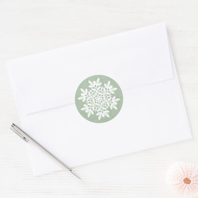  White Snowflake (Sage Pine) Classic Round Sticker (Envelope)