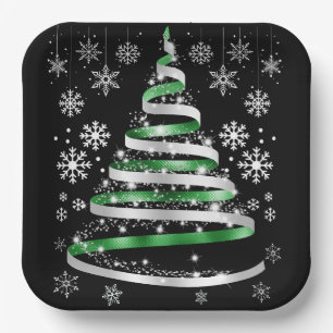 White Snowflake Silver Green Ribbon Christmas Tree Paper Plate