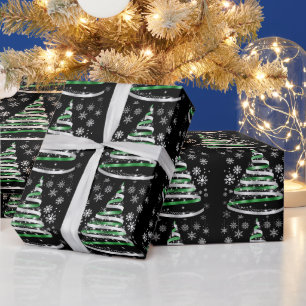 White Snowflake Silver Green Ribbon Christmas Tree Wrapping Paper
