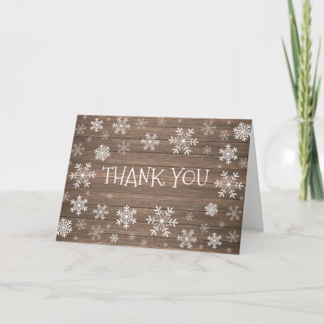 White Snowflake Winter Rustic Wood Thank You Card (Front)
